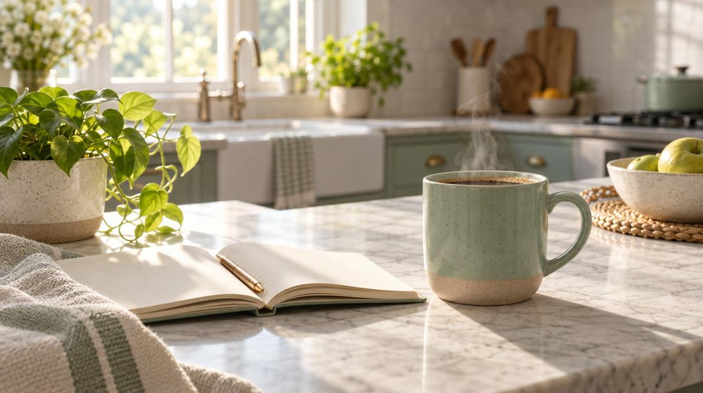 A steaming mug of coffee on a sunlit kitchen counter beside an open notebook and a small plant, at eye level