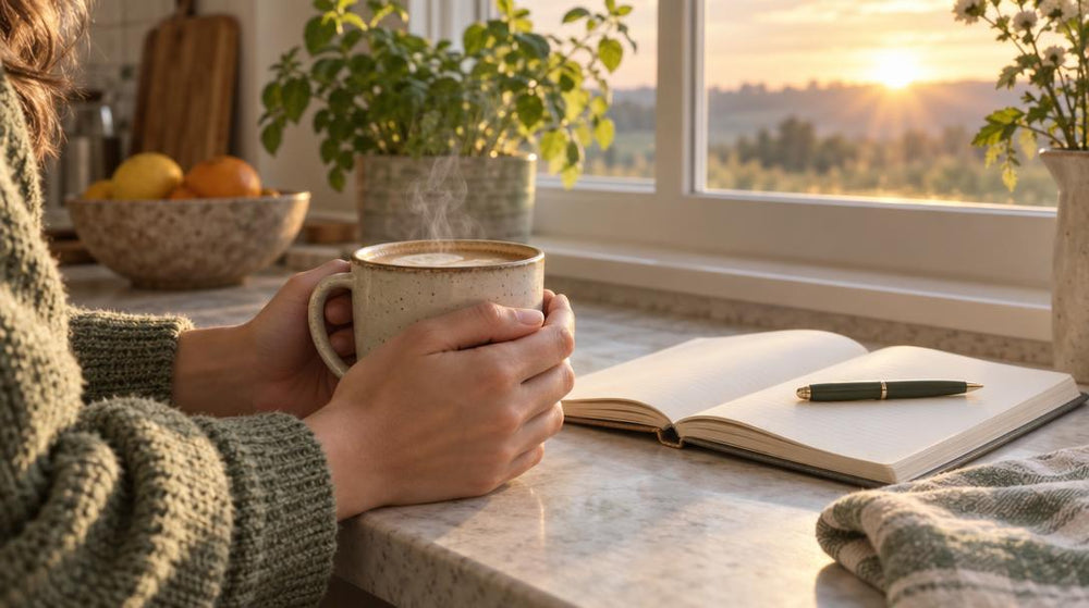 A morning coffee ritual at a sunlit kitchen counter