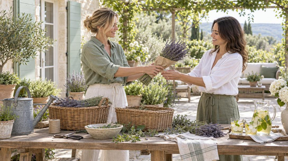 Wide shot of a bright sunlit garden patio where two women in casual linen shirts stand at a long potting bench, one handing t