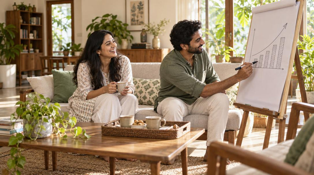 Wide shot of a bright living room in an Indian home where two adults in casual cotton clothes sit on a low sofa, one sketchin