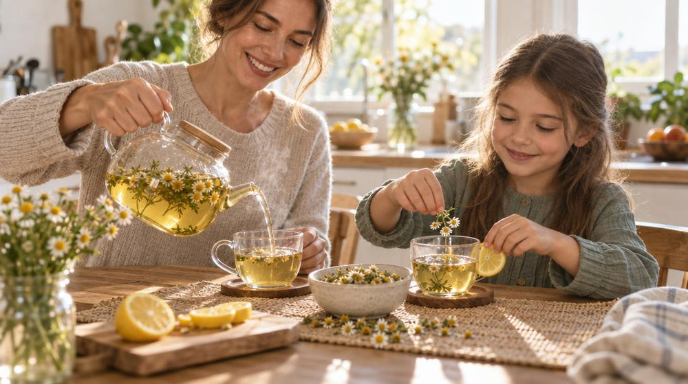 Eye-level view of a sunny kitchen table where a parent pours steaming herbal tea from a glass teapot into a cup while a child