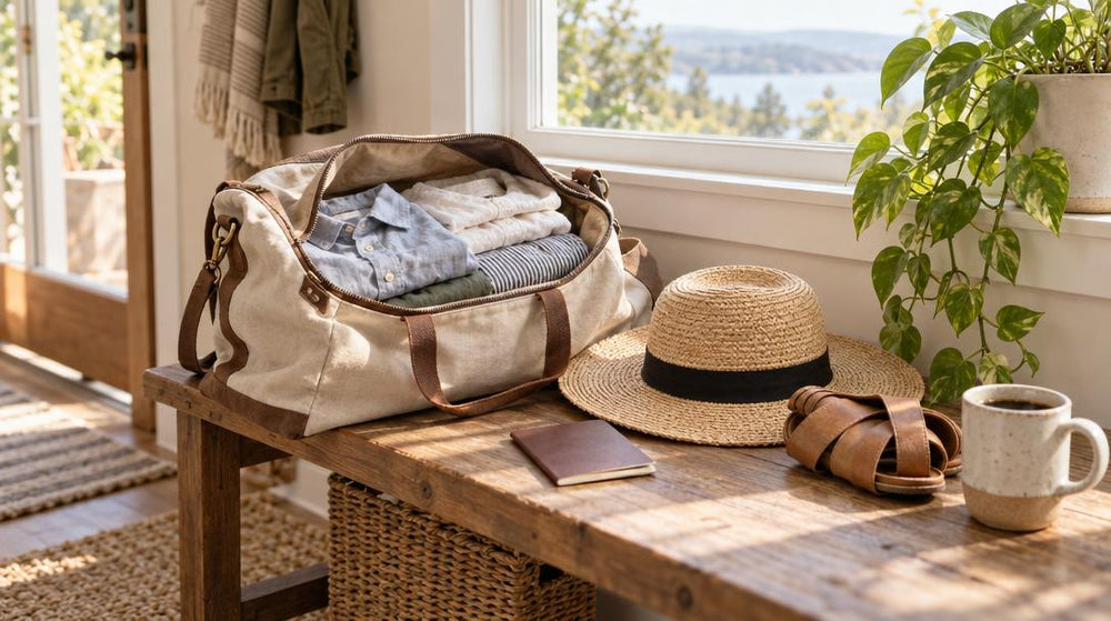 Eye-level view of a sunny entryway bench holding an open canvas weekender bag with folded linen shirts, a straw sun hat, a pa