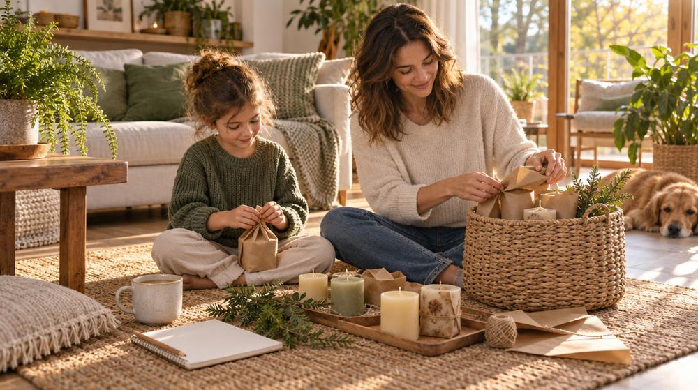 Wide shot of a bright living room where a parent and child sit cross-legged on a rug, wrapping handmade candles in kraft pape