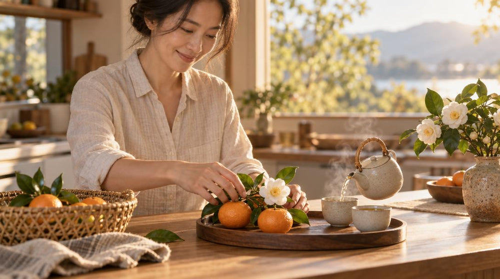 Three quarter view across a sunny breakfast counter of one adult in a light cotton shirt, smiling as they arrange fresh tange