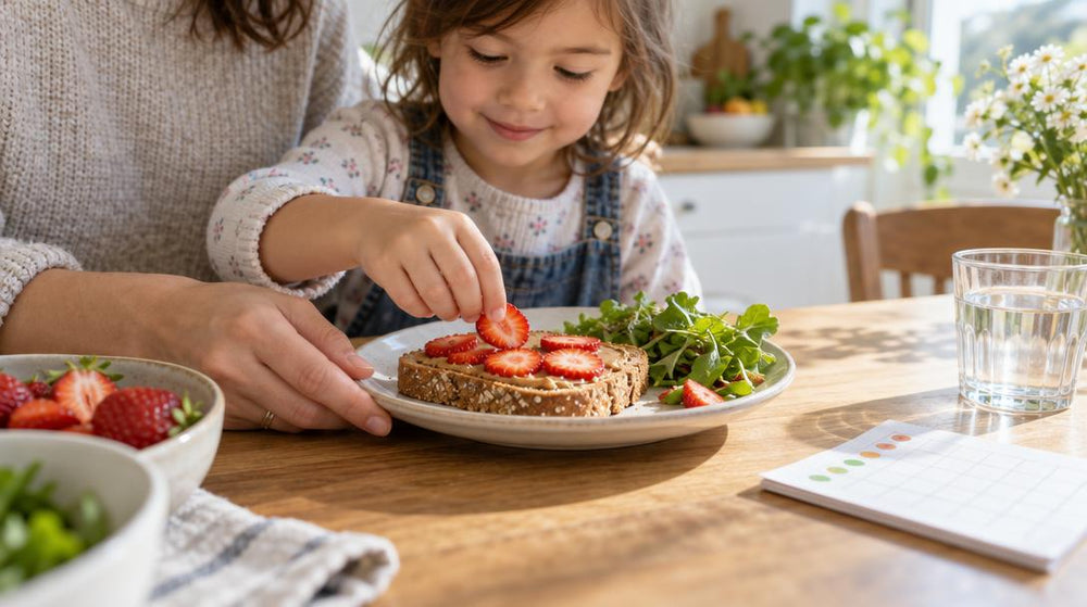 Close-up on a parent's and a child's hands together at a sunny kitchen table, the child pressing a sliced strawberry onto a p
