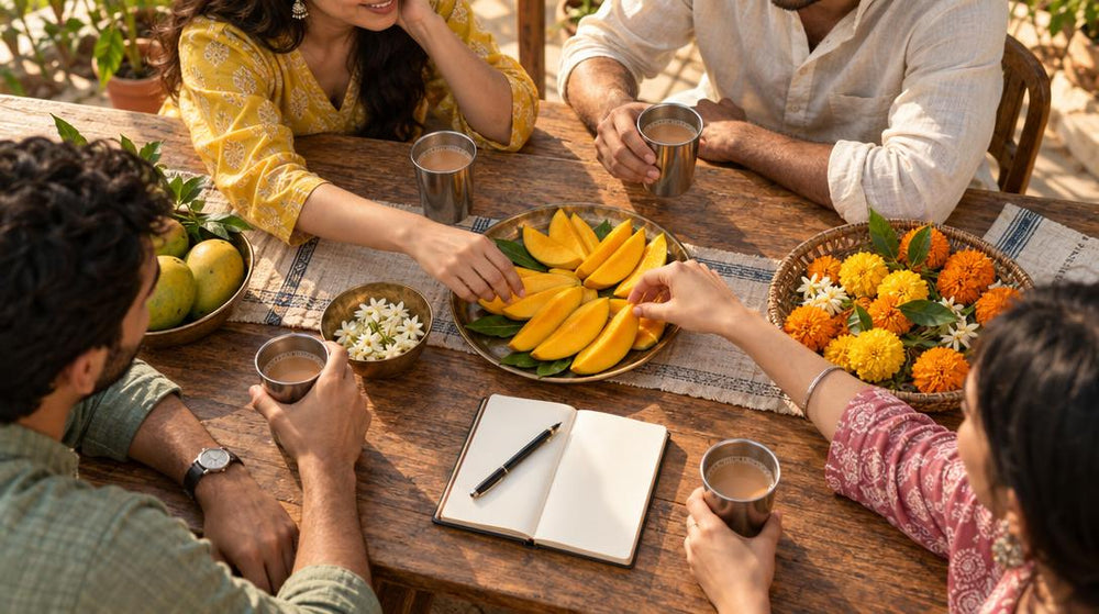 Overhead flat lay of a sunny wooden table where four friends in cotton kurtas and linen shirts share chai in steel tumblers,