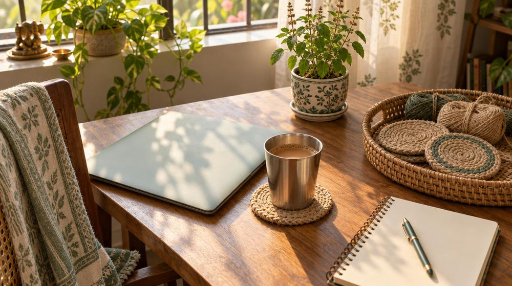 Overhead flat lay of a wooden table by a sunny window in an Indian home, with a laptop closed beside a steel tumbler of chai,