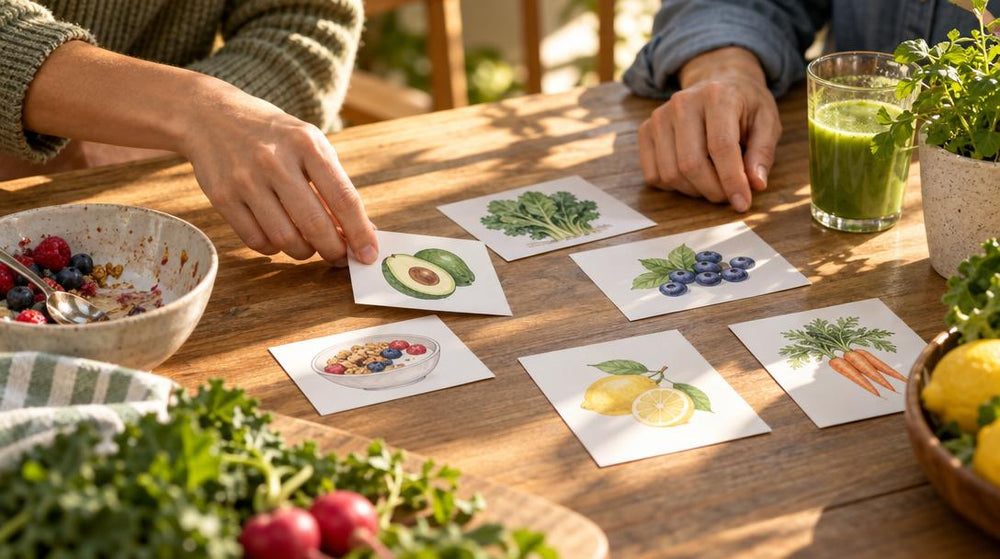 Close-up on hands, no faces, arranging handwritten index cards of food and drink ideas on a sunny wooden table, beside a half
