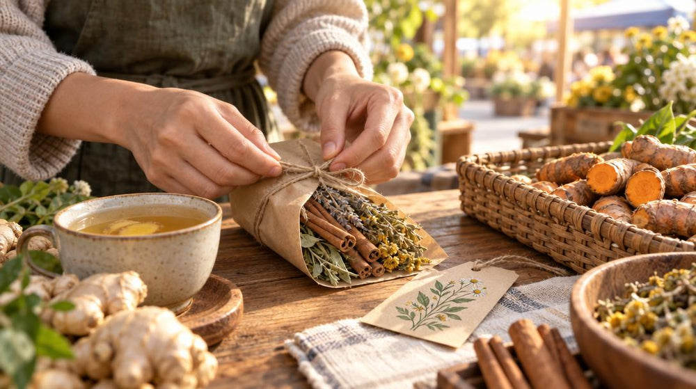 Close-up on a pair of hands tying a twine bow around a small kraft-paper bundle of dried herbs and cinnamon sticks on a sunny