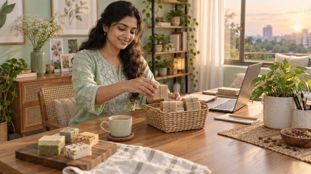 Eye-level view of one adult in a bright home office in India, smiling as they set a tidy stack of small handmade soaps wrappe