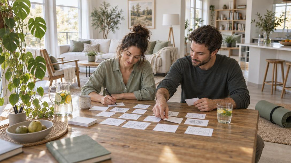 Wide shot of a bright open-plan living room where two adults sit at a long wooden table sketching ideas on index cards and ar