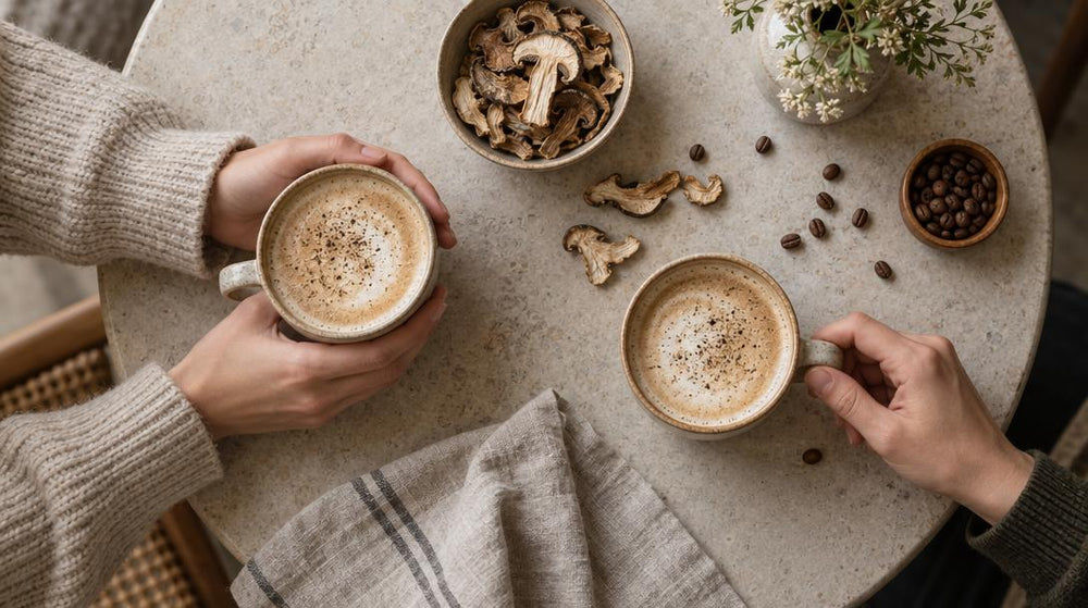 Mushroom lattes on a cafe table