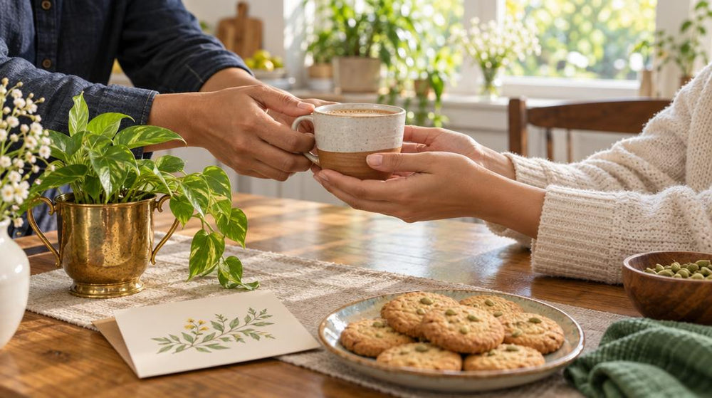 Close-up on two pairs of hands across a sunny kitchen table, one passing a ceramic cup of chai to the other, beside a small t