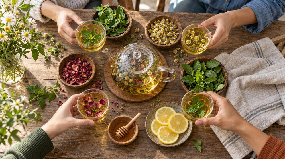 Overhead flat lay of a rustic table where four friends' hands reach in to share herbal tea, with glass teapot, handleless cup