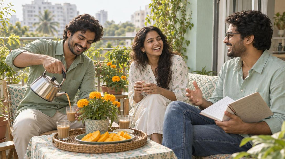 Eye-level shot of three friends in casual cotton shirts laughing together on a sunny apartment balcony in India, one holding