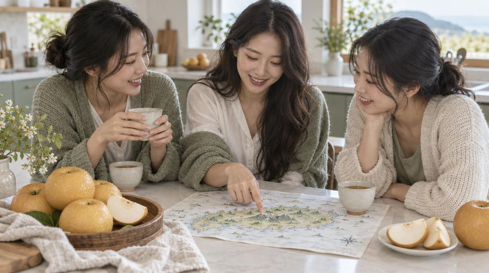 Three quarter view across a bright kitchen counter of three friends in casual blouses and knit cardigans, sharing a tray of d
