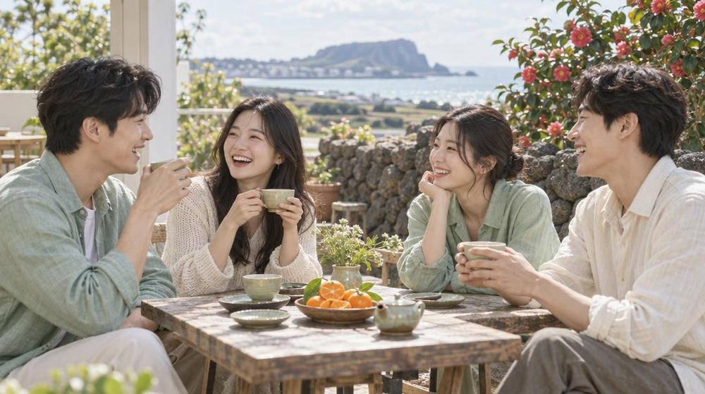 Eye level shot of four friends in casual linen shirts and knit tops gathered around a sunny outdoor café table on a Jeju isla