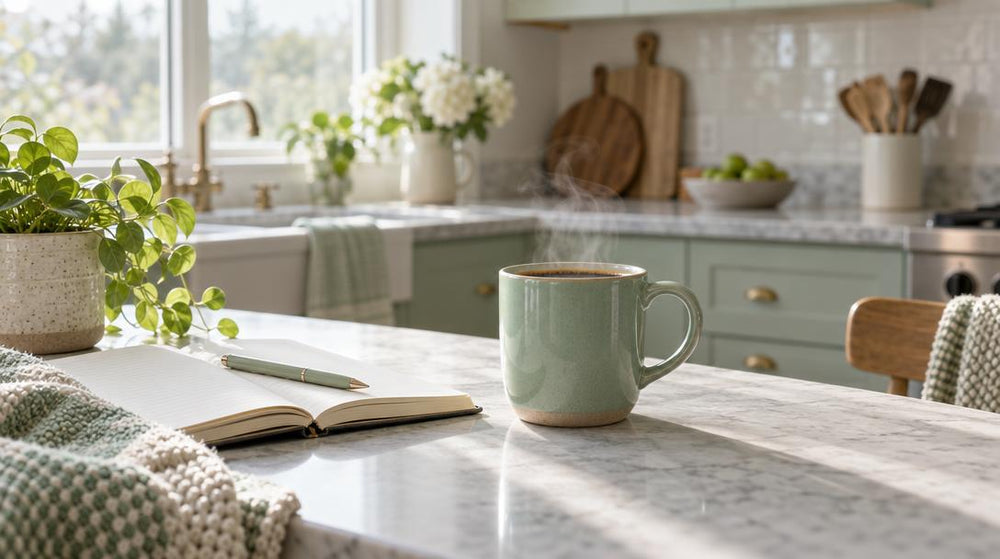 A steaming mug of coffee on a sunlit kitchen counter beside an open notebook and a small plant, at eye level