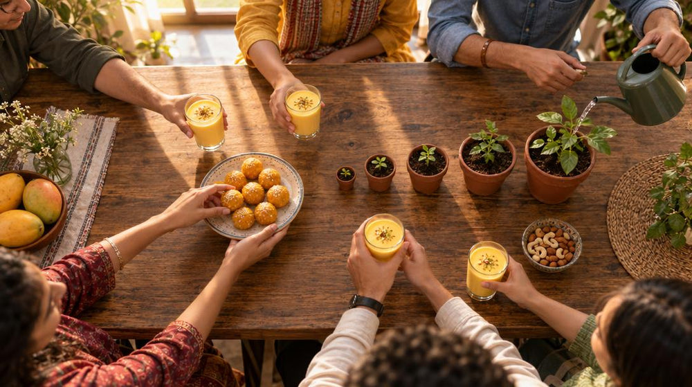 Overhead flat lay of a long wooden table where six friends' hands pass around glasses of mango lassi and a plate of laddoos,