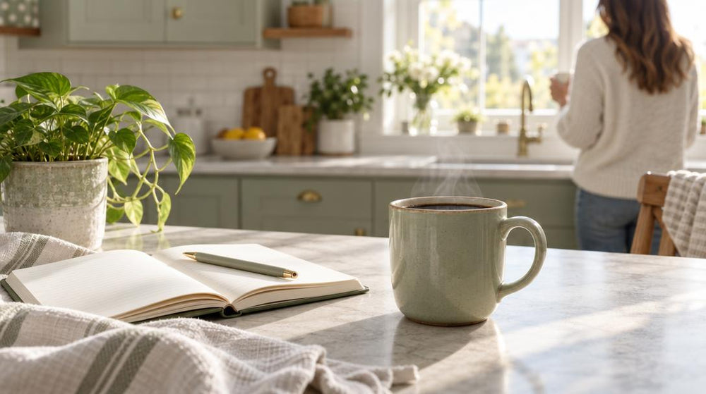 A steaming mug of coffee on a sunlit kitchen counter beside an open notebook and a small plant, at eye level