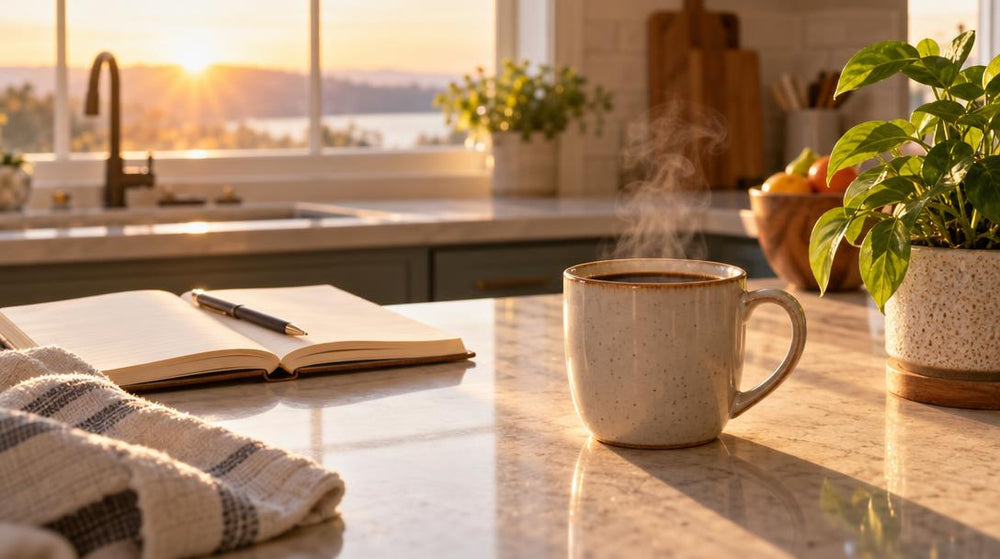 A steaming mug of coffee on a sunlit kitchen counter beside an open notebook and a small plant, at eye level
