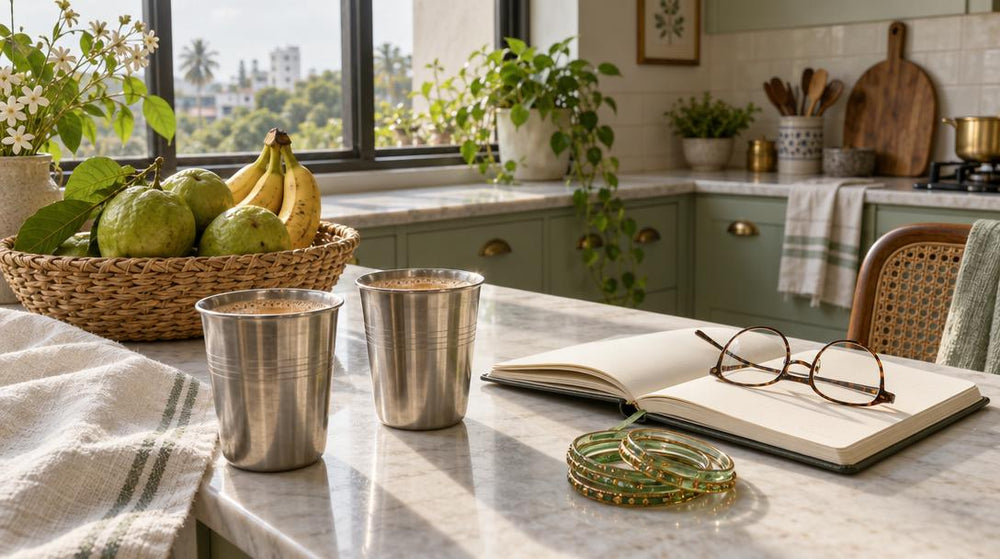 Three quarter view across a sunny kitchen counter in an Indian home, with two steel tumblers of masala chai beside a woven ba