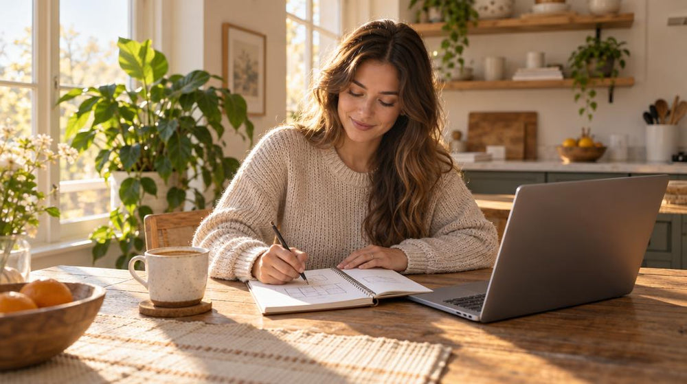 Eye-level shot of a woman in a casual knit sweater sitting at her sunny kitchen table, sketching a simple plan in a notebook
