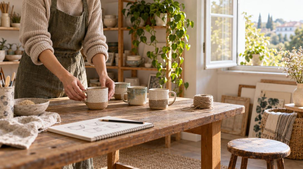 Wide shot of a bright spare-room studio where a pair of hands arranges handmade ceramic mugs on a small wooden worktable, bes