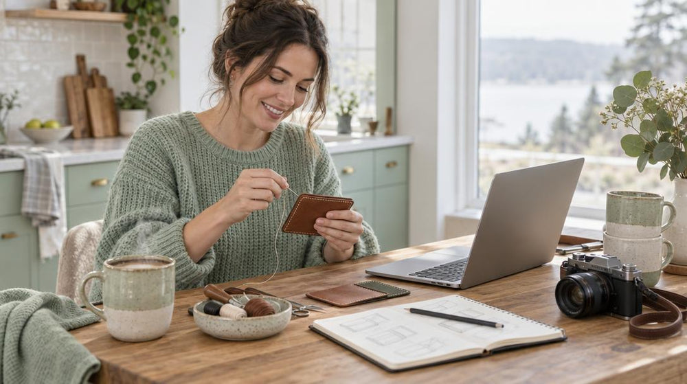 Three quarter view across a sunny kitchen counter of one adult in a casual knit sweater, smiling as they hand-stitch a leathe
