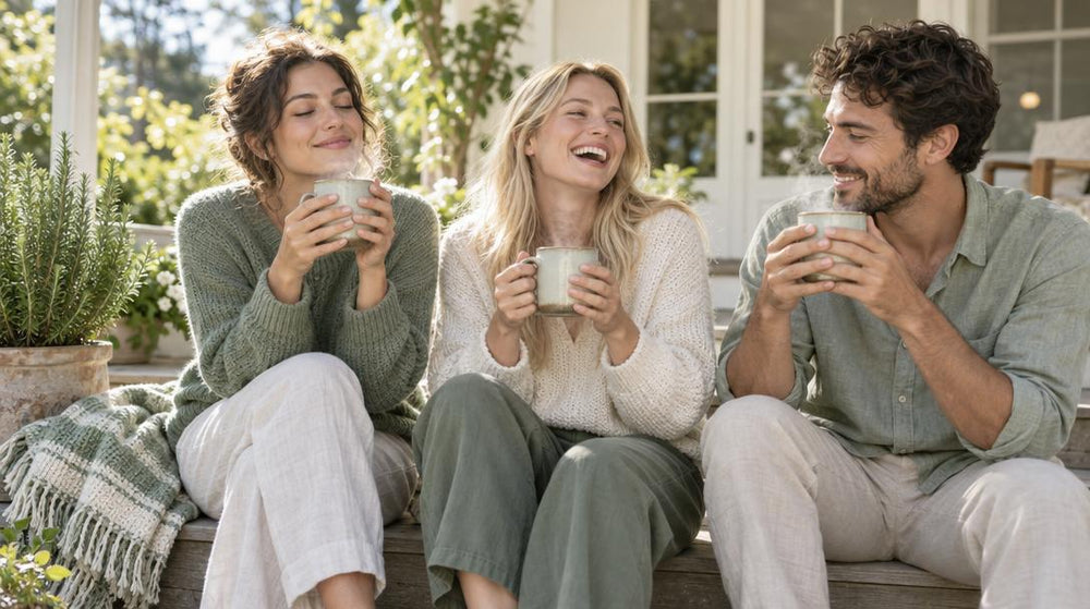 Eye level shot of three friends in linen shirts and knit sweaters sitting on a sunny backyard porch step, breathing in the st