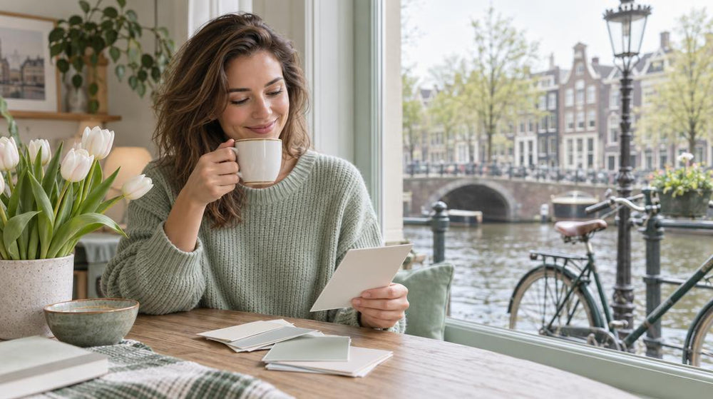 Eye level shot of one adult in a casual knit sweater standing at a sunny Dutch canal-side window table, sipping coffee and sm