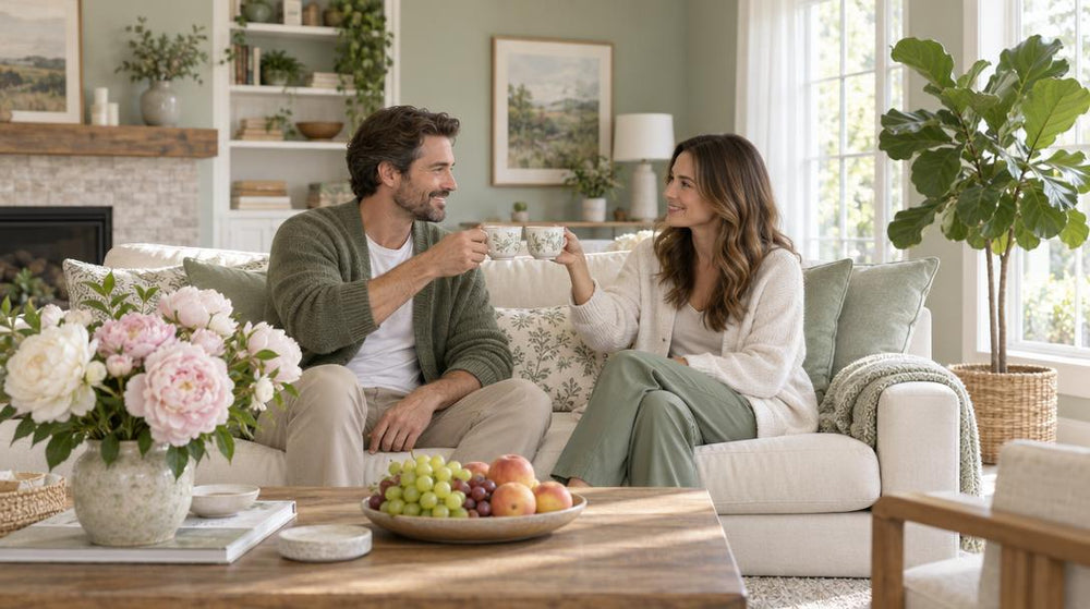 Wide shot of a bright living room where two adults in casual cardigans sit on a cream sofa, clinking teacups in a quiet toast