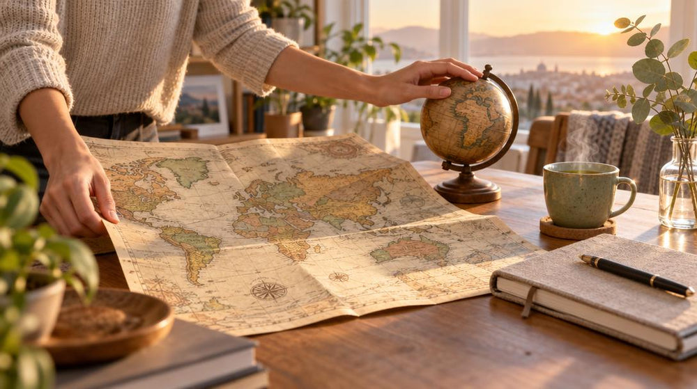 Close-up on a pair of hands unfolding a vintage world map across a sunny home-office desk, fingertips resting on a small wood