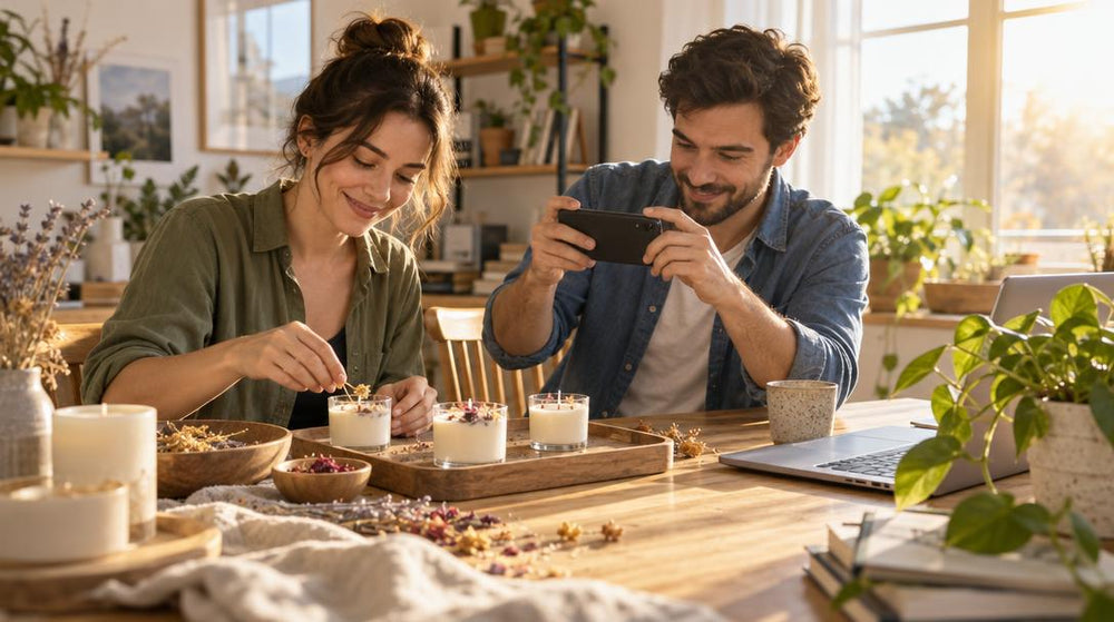 Eye level shot of two adults in casual shirts sitting side by side at a sunny dining table in a home workspace, one handcraft