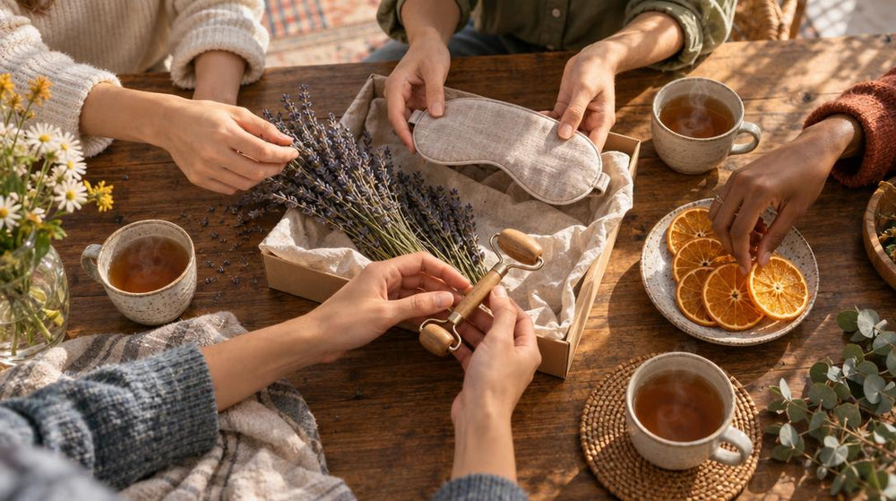 Overhead flat lay of a wooden table where four friends' hands reach in to unbox and sort a shared haul of loose botanical goo