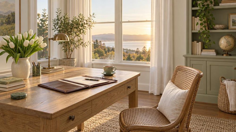 Wide shot of a bright, empty home office with a large oak desk by a tall window, an open leather portfolio and a pen, a steam