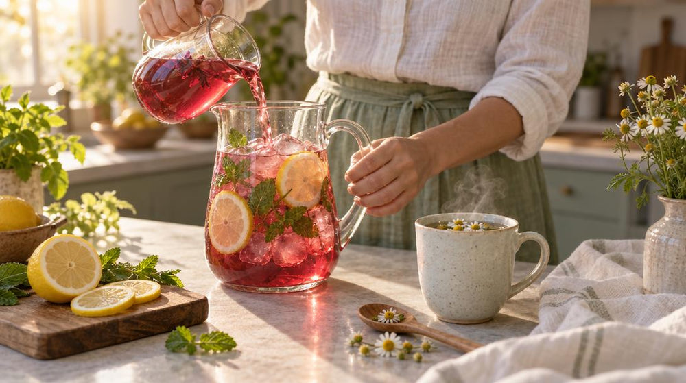 Close-up on a pair of hands pouring iced hibiscus-pink herbal tea over ice, mint sprigs and sliced lemon in a glass pitcher,