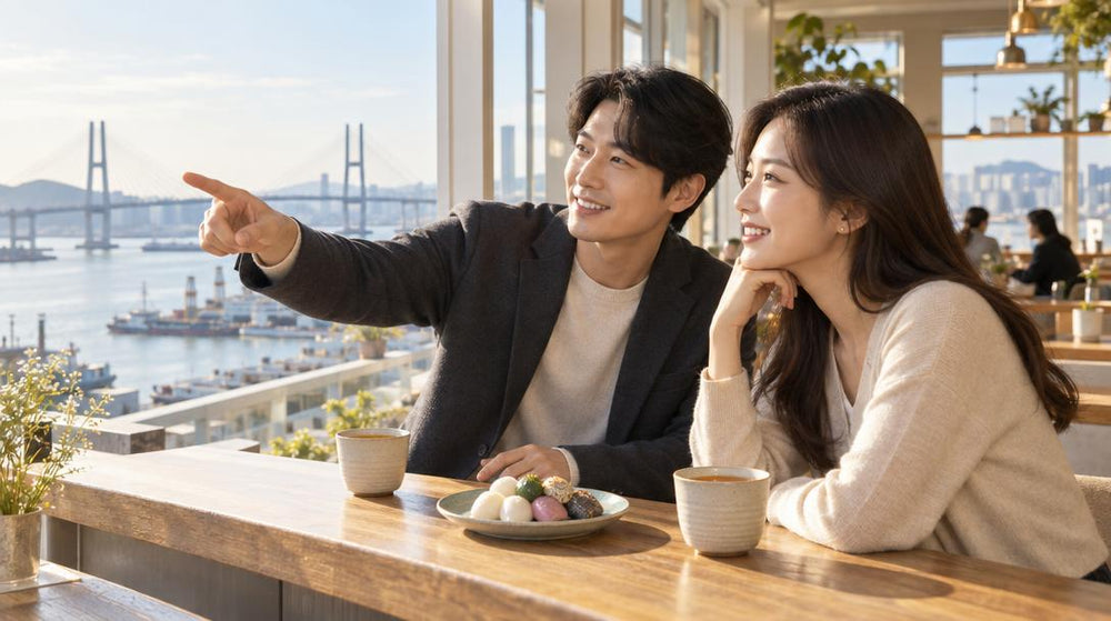 Three quarter view across a bright café counter in Incheon, where two adults in smart casual clothes share a plate of Korean