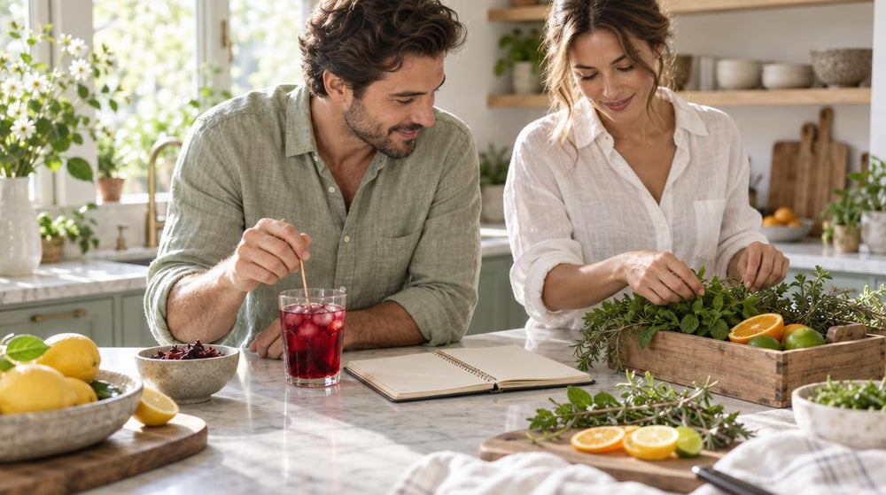Three-quarter view across a sunny kitchen counter, where two adults in linen shirts lean in over a notebook, one stirring a g
