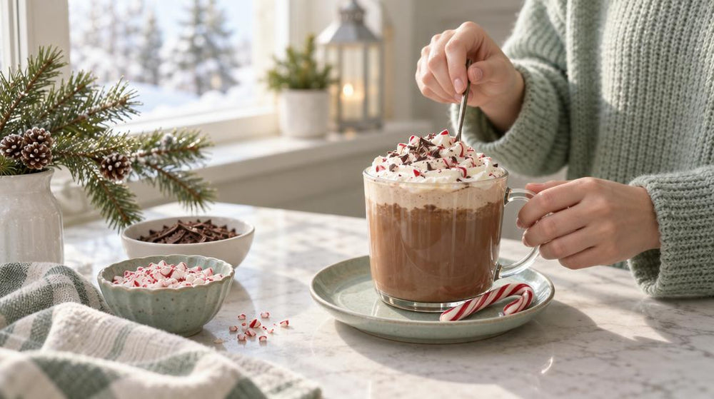 Eye-level view of a pair of hands stirring a creamy peppermint mocha latte in a glass mug, a candy cane resting on the saucer