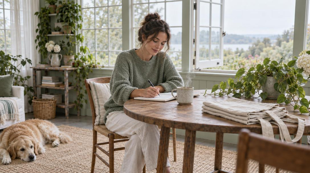 Wide shot of a bright sunroom where one adult sits at a round wooden table, hand-writing in a notebook beside a steaming mug