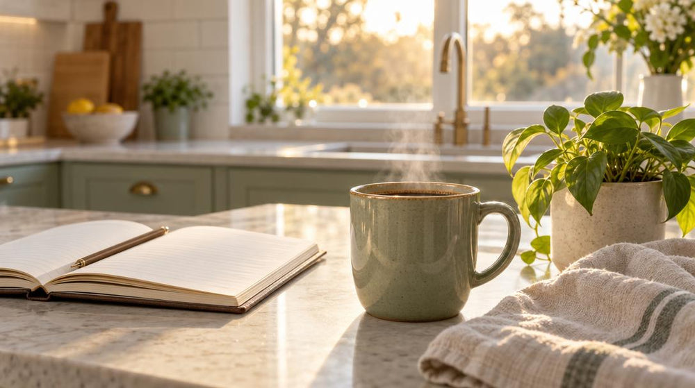 A steaming mug of coffee on a sunlit kitchen counter beside an open notebook and a small plant, at eye level