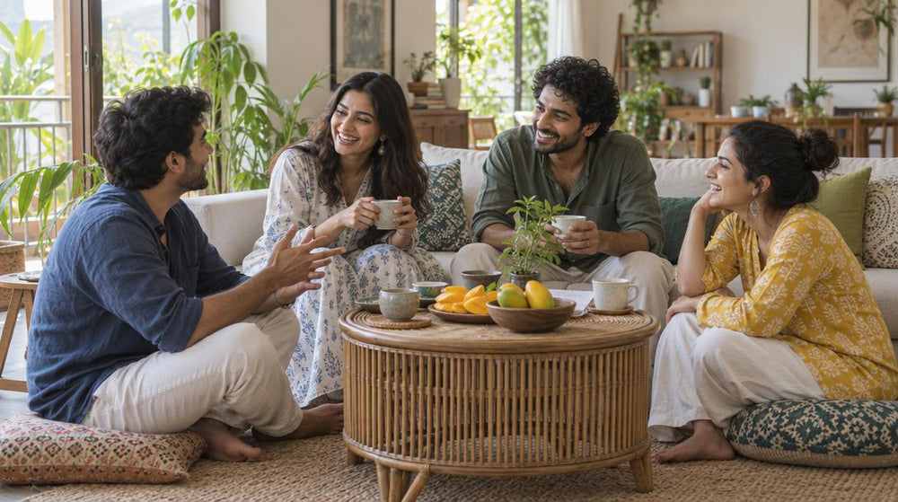 Wide shot of a bright Indian living room where four friends in casual cotton clothes sit on a low sofa and floor cushions, sh