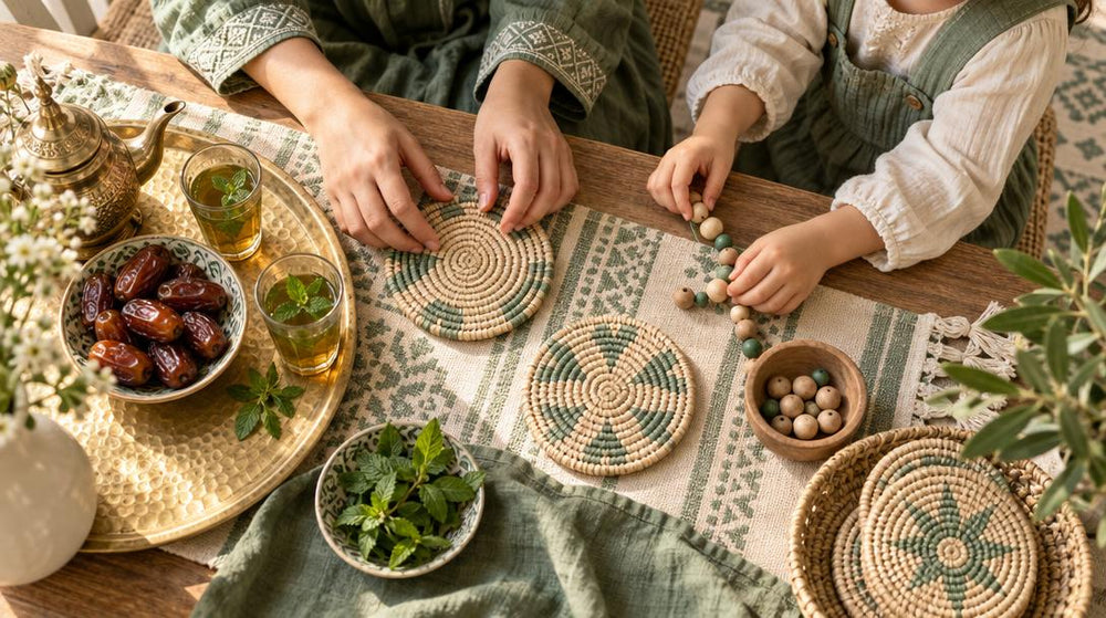 Overhead flat lay of a parent and child seated at a wooden table, their hands arranging woven coasters and wooden beads on a