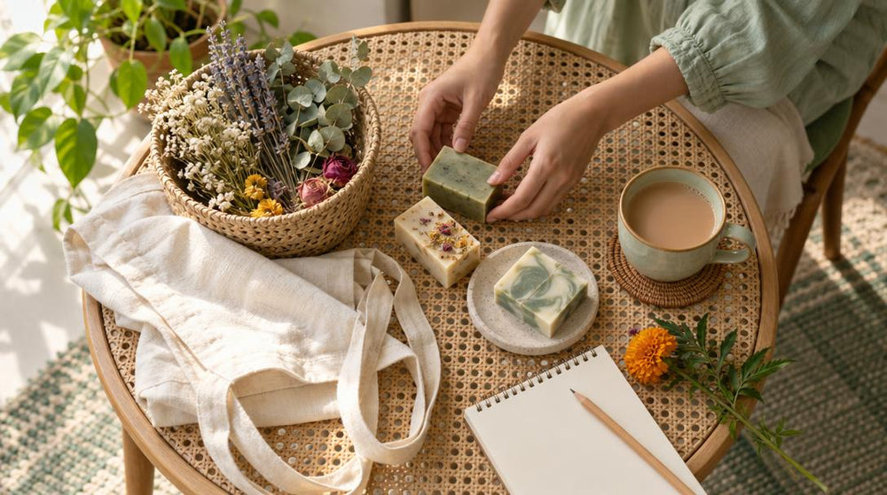 Overhead flat lay on a round cane table where a pair of hands arranges loose handmade soaps, a woven basket of dried flowers