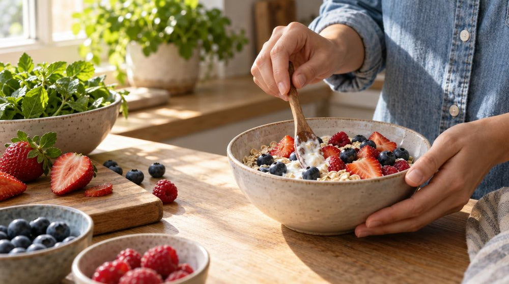 Close up on a pair of hands in a rolled denim sleeve folding fresh strawberries, blueberries and raspberries into a bowl of y