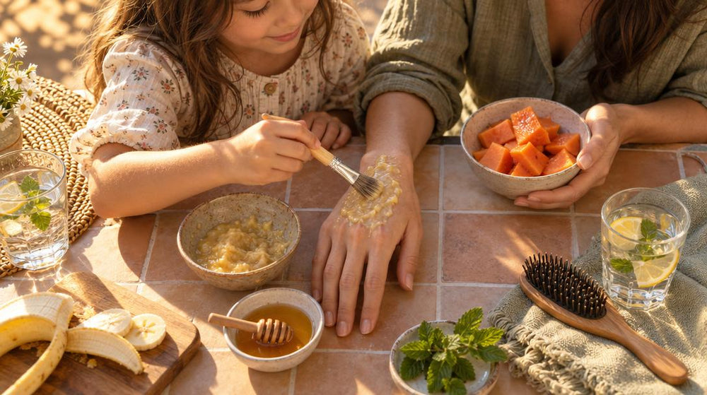 Overhead flat lay of a sunny tiled table where a parent and child sit side by side, the child brushing a soft face mask of ma
