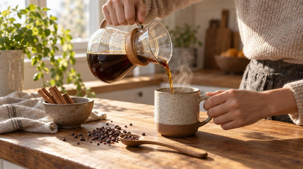 Eye-level view of a pair of hands pouring steaming coffee from a glass pour-over carafe into a ceramic mug on a sunny wooden
