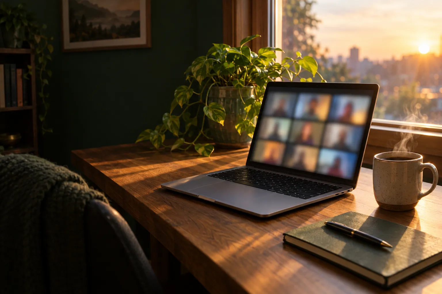 A laptop on a desk at sunrise, showing a video call
