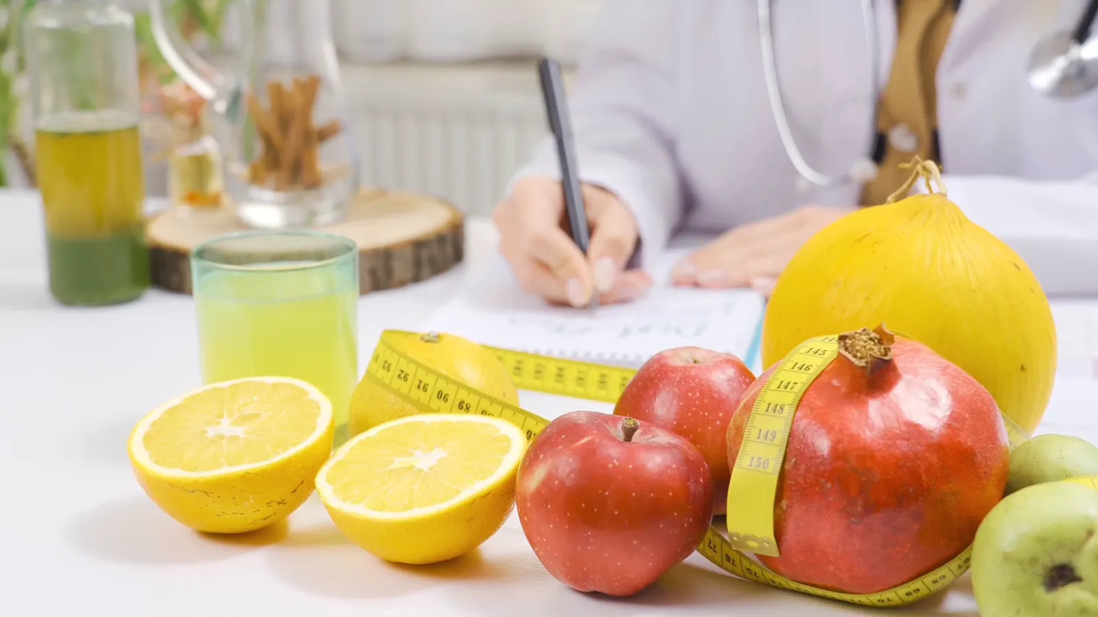 Fresh fruit and nutrition notes on a desk